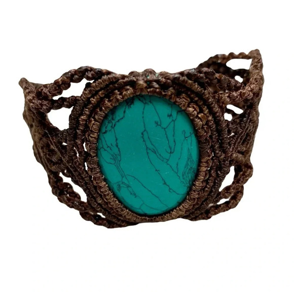 ZAD Woven Bracelet Brown Turquoise Gemstone Boho Chic Adjustable NWT Festival - Picture 2 of 8